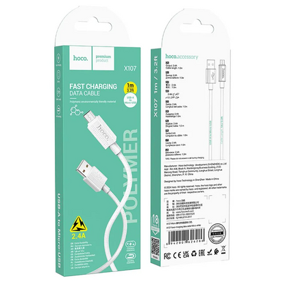 USB-A til microUSB data- og ladekabel HOCO X107, 18W, 1m, hvit