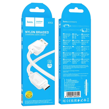 USB-A til microUSB data- og ladekabel HOCO X113, 18W, 1m, hvit