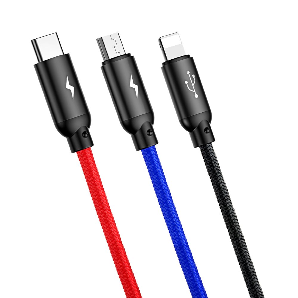 Ladekabel USB-A - Lightning / microUSB / USB-C Baseus Colors 3in1, 20W, 1.2m, Svart CAMLT-BSY01