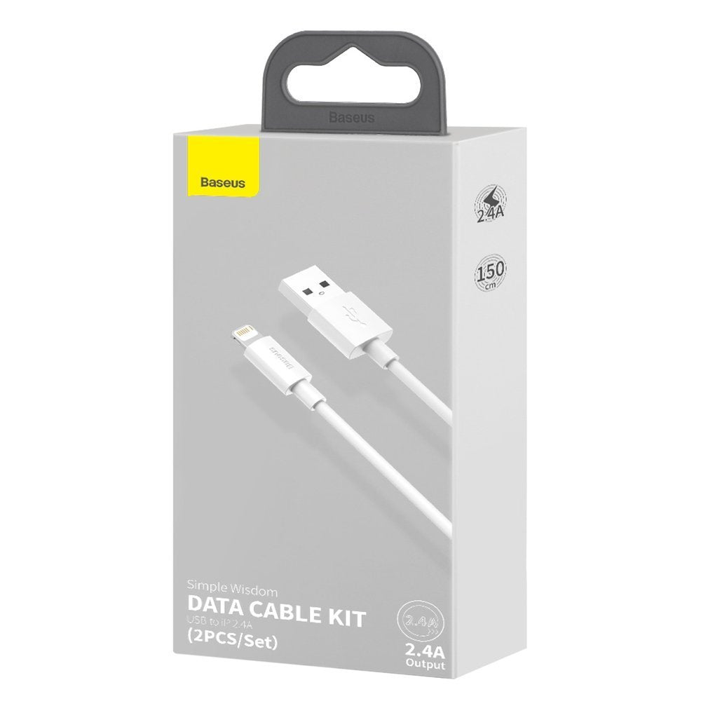 Data- og ladekabel USB-A - Lightning Baseus Simple Wisdom, 18W, 1,5 m, sett med 2 stk, hvit TZCALZJ-02