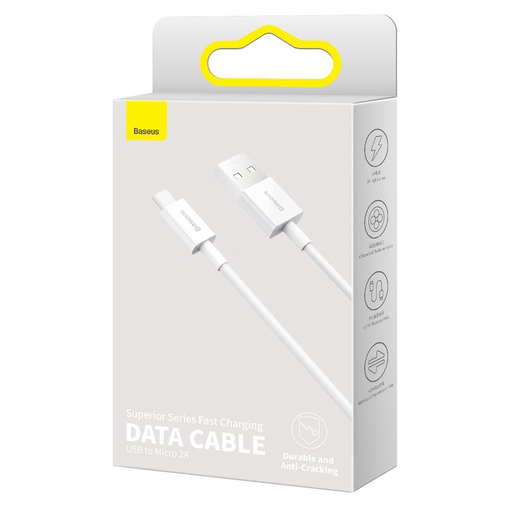USB-A - microUSB Baseus Superior Series data- og ladekabel, 18W, 2m, Hvit CAMYS-A02