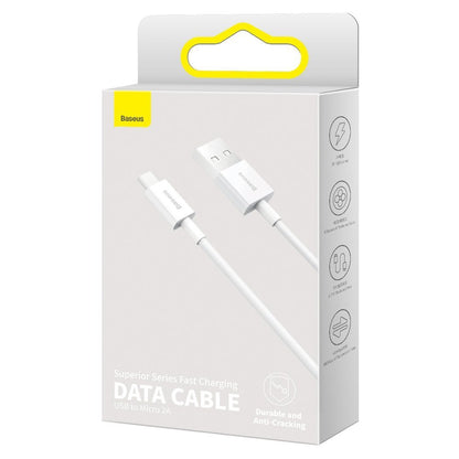 USB-A - microUSB Baseus Superior Series data- og ladekabel, 18W, 2m, Hvit CAMYS-A02