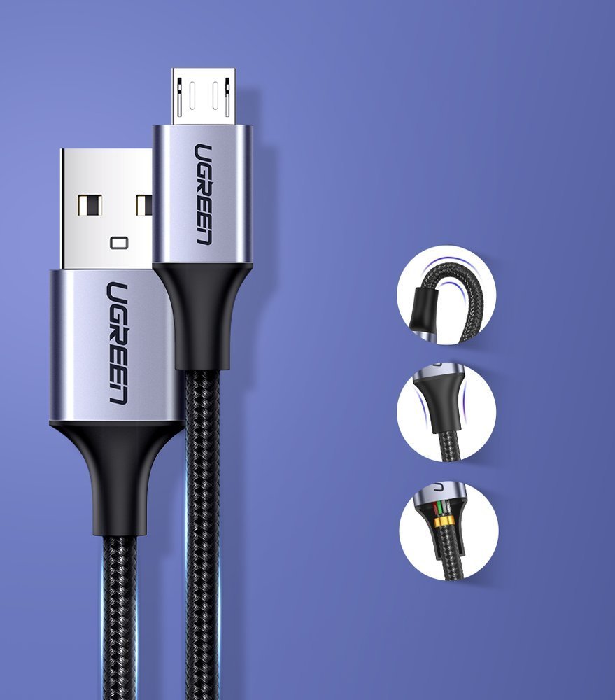 USB-A til microUSB-lade- og datakabel UGREEN US290, 18W, 1.5m, Svart