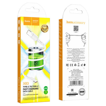 USB-C data- og ladekabel - USB-C HOCO X83 Victory, 60W, 1m, Hvit