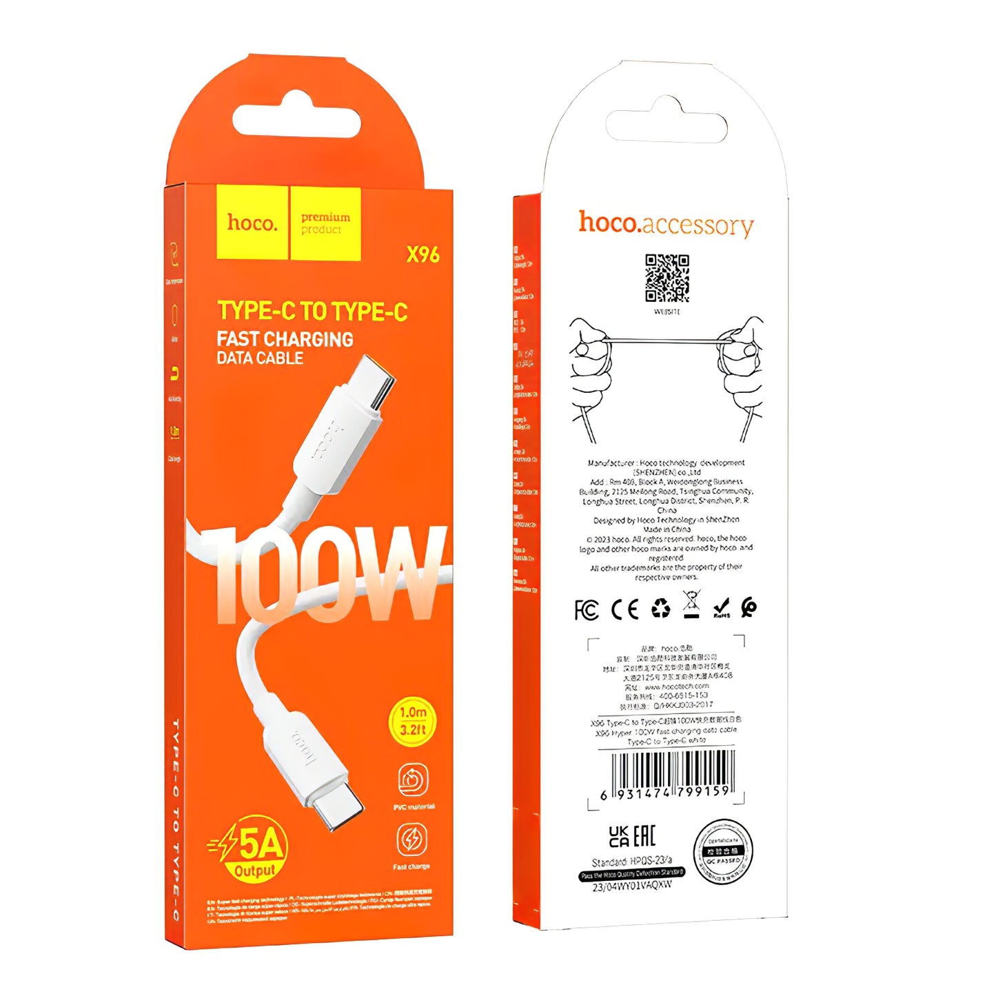 USB-C til USB-C Data- og Ladekabel HOCO X96, 100W, 1m, Hvit