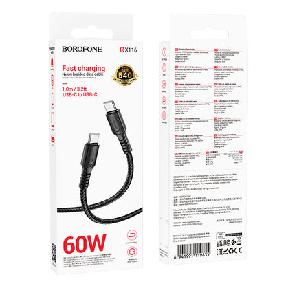 USB-C til USB-C data- og ladekabel Borofone BX116 Certain, 60W, 1m, Svart