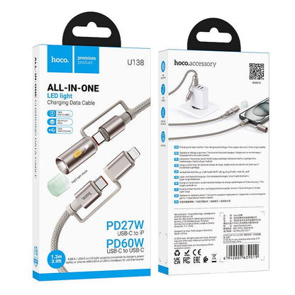 USB-C / Lightning Data- og Ladekabel - USB-C / LED HOCO U138, 60W, 1.2m, Grå