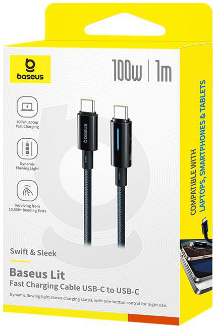 USB-C - USB-C Baseus Lit Button Control data- og ladekabel, 100W, 2m, Svart P10379000121-01