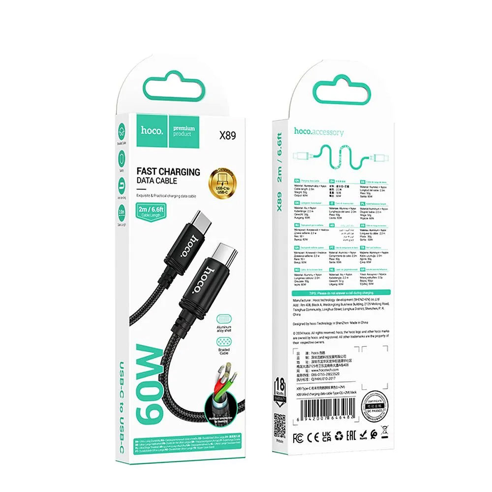 USB-C til USB-C Data- og Ladekabel HOCO X89, 60W, 2m, Svart