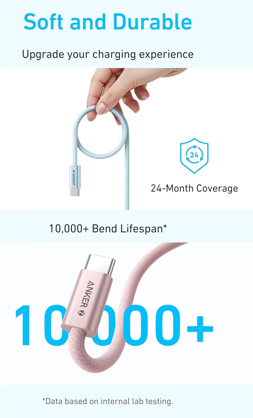 USB-C til USB-C Anker Zolo data- og ladekabel, 240W, 1m, Hvit A8060H21