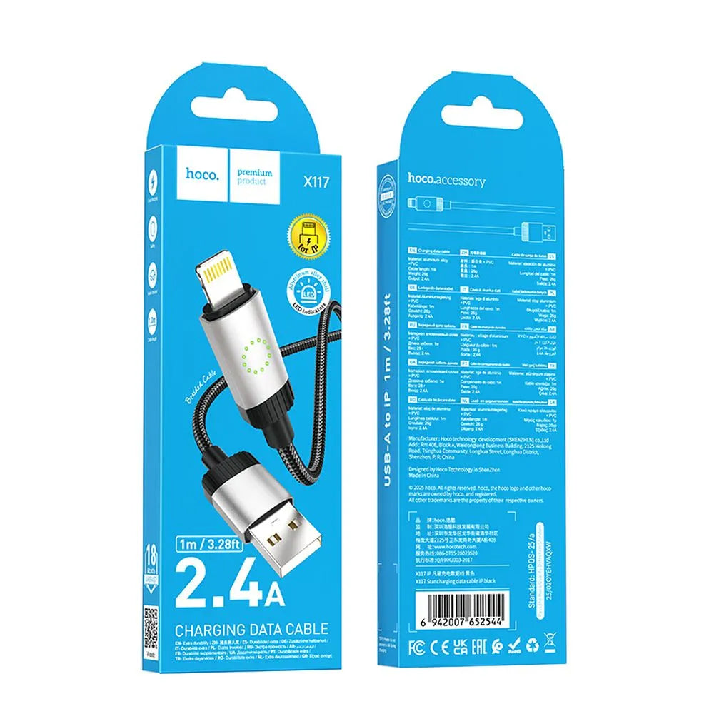 USB-A - Lightning Data- og Ladekabel HOCO X117, 18W, 1m, Svart