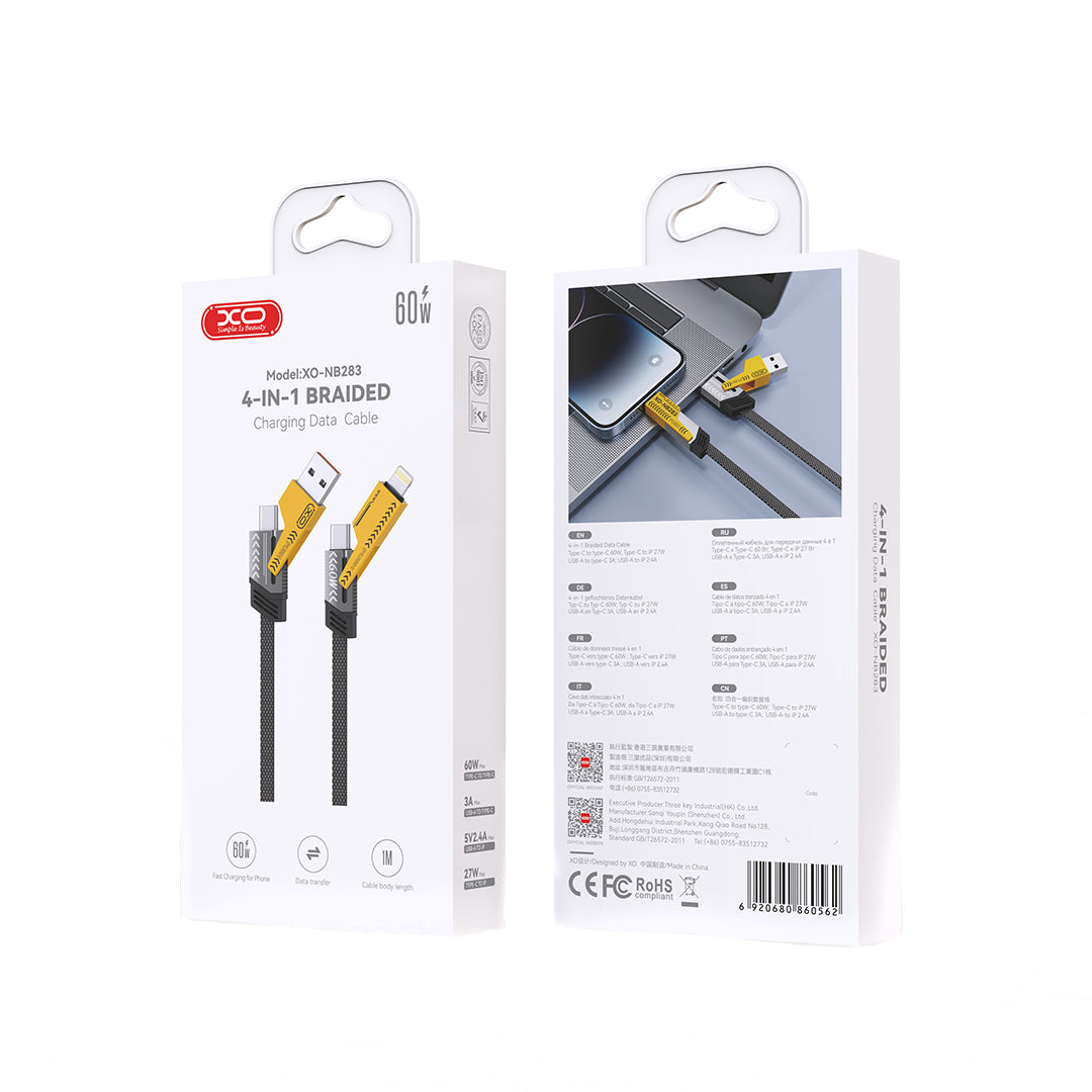 USB-A / USB-C - Lightning / USB-C Data og Ladekabel XO Design NB283, 60W, 1m, Grå