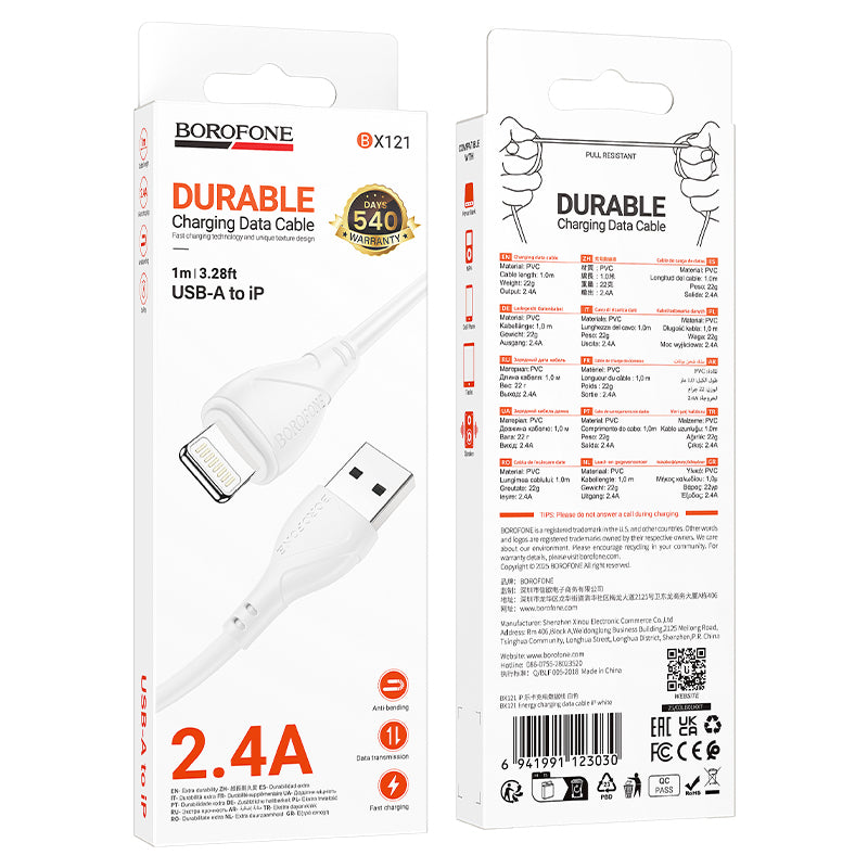 USB-A - Lightning Borofone BX121 Energy data- og ladekabel, 18W, 1m, Hvit