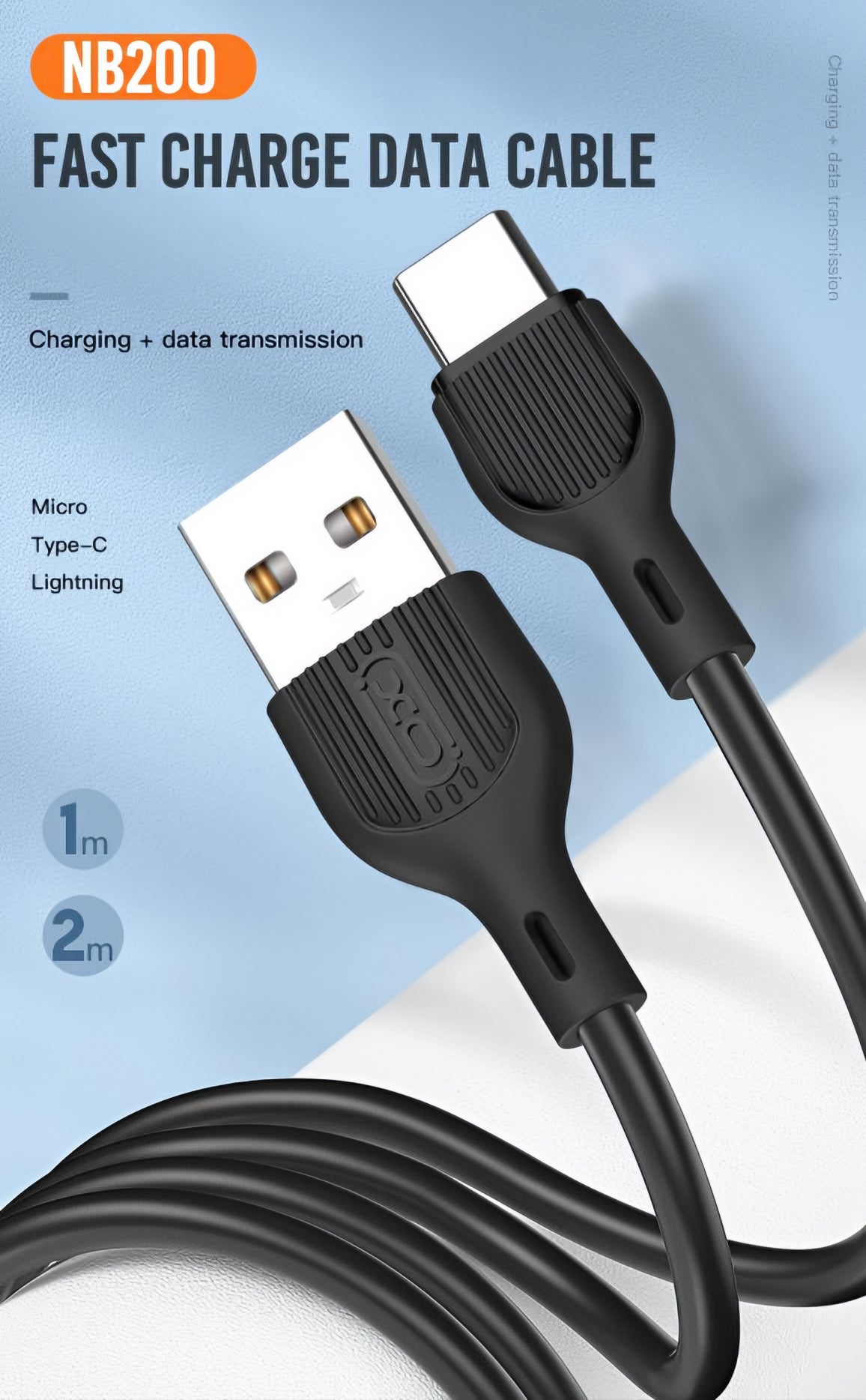 USB-A til USB-C data- og ladekabel XO Design NB200, 10W, 1m, Svart