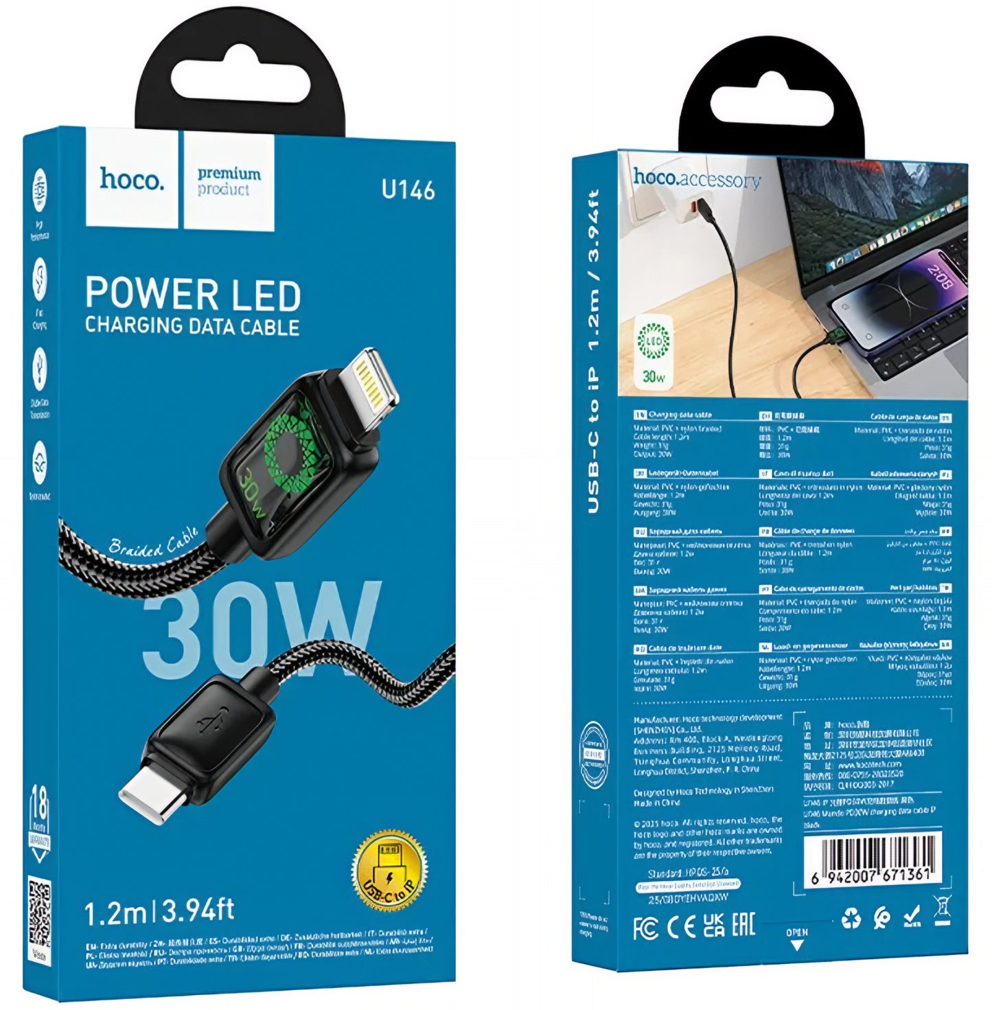 USB-C til Lightning-lade- og datakabel HOCO U146, 30W, 1.2m, Svart