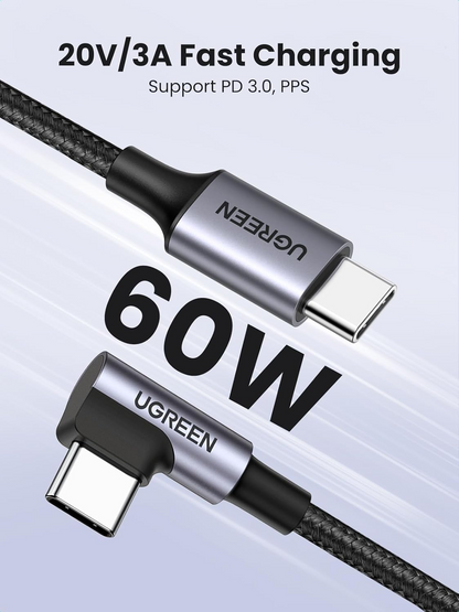 USB-C til USB-C data- og ladekabel UGREEN US255 Angled, 60W, 3m, Grå