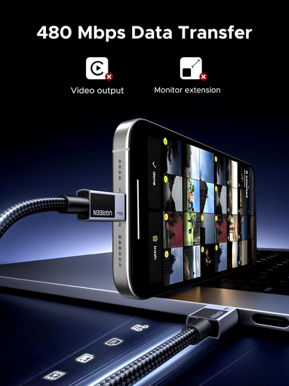 USB-C til USB-C data- og ladekabel UGREEN L524, 60W, 2m, Grå