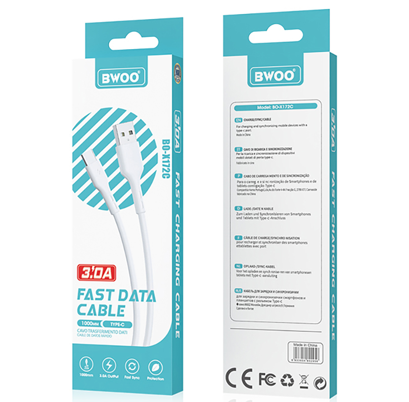 Data- og ladekabel USB-A - USB-C BWOO X172C, 60W, 1m, Hvit