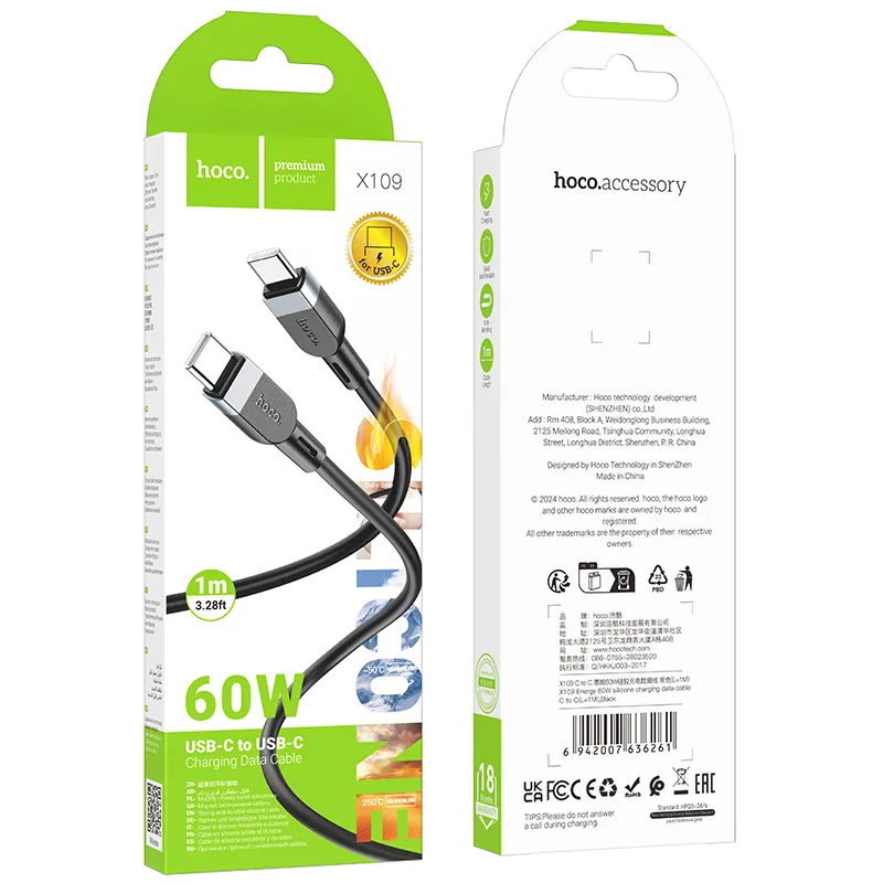 USB-C data- og ladekabel - USB-C HOCO X109, 60W, 1m, Svart