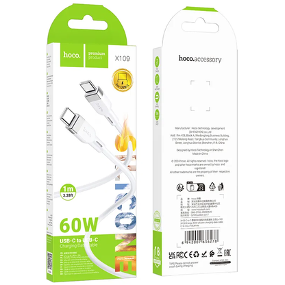 USB-C til USB-C data- og ladekabel HOCO X109, 60W, 1m, Hvit