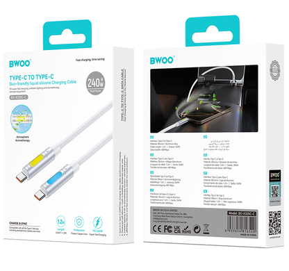 USB-C Data- og ladekabel - USB-C BWOO X325C-C Led, 240W, 1,2m, Hvit