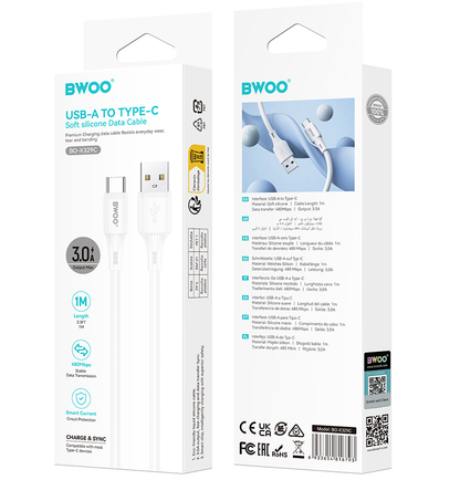 USB-A til USB-C data- og ladekabel BWOO X329C, 18W, 1m, hvit