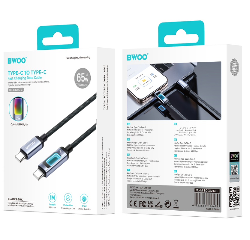 USB-C data- og ladekabel - USB-C BWOO X324CC Display, 65W, 1m, svart
