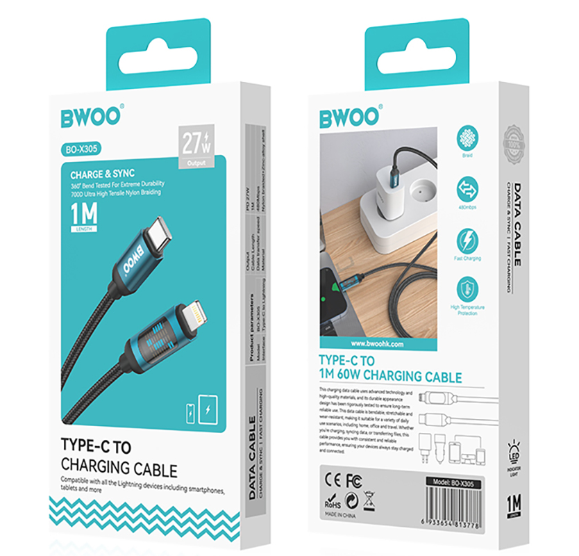 USB-C til Lightning data- og ladekabel BWOO X305 Display, 27W, 1m, svart