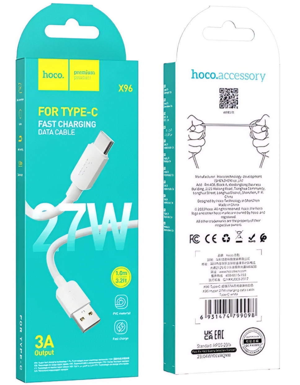 USB-A - USB-C HOCO X96 data- og ladekabel, 27W, 1m, Hvit