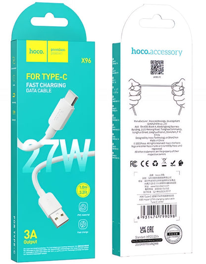USB-A - USB-C HOCO X96 data- og ladekabel, 27W, 1m, Hvit