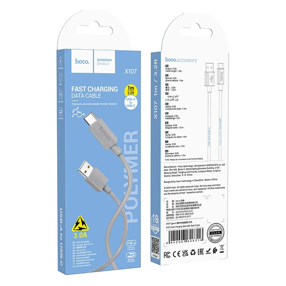 Data- og ladekabel USB-A - USB-C HOCO X107, 18W, 1m, Hvit