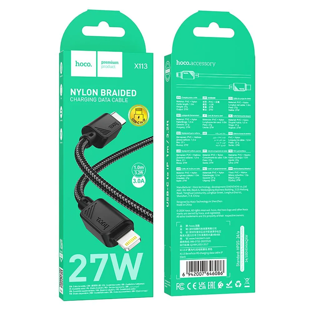 USB-C til Lightning data- og ladekabel HOCO X113, 27W, 1m, svart