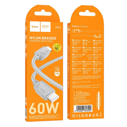 USB-C Data- og ladekabel - USB-C HOCO X113, 60W, 1m, Grå