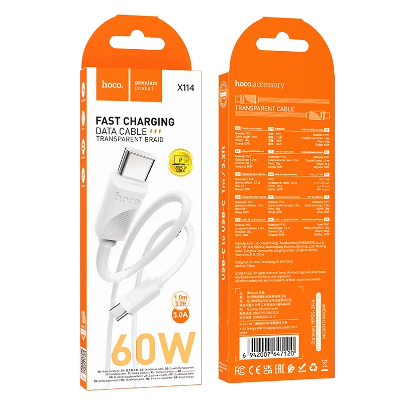 USB-C Data- og ladekabel - USB-C HOCO X114, 60W, 1m, Hvit