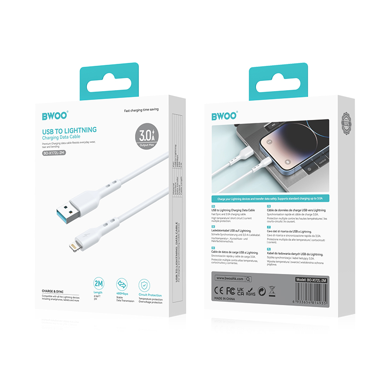 USB-A til Lightning data- og ladekabel BWOO BO-X172L-2M, 15W, 2m, hvit