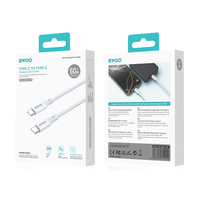 USB-C data- og ladekabel - USB-C BWOO BO-X283CC-2M, 60W, 2m, hvit