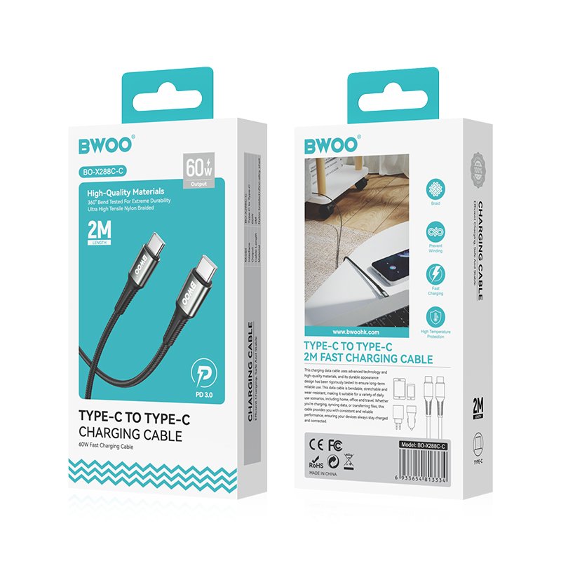 USB-C Data- og ladekabel - USB-C BWOO BO-X288C-C, 60W, 1m, Svart