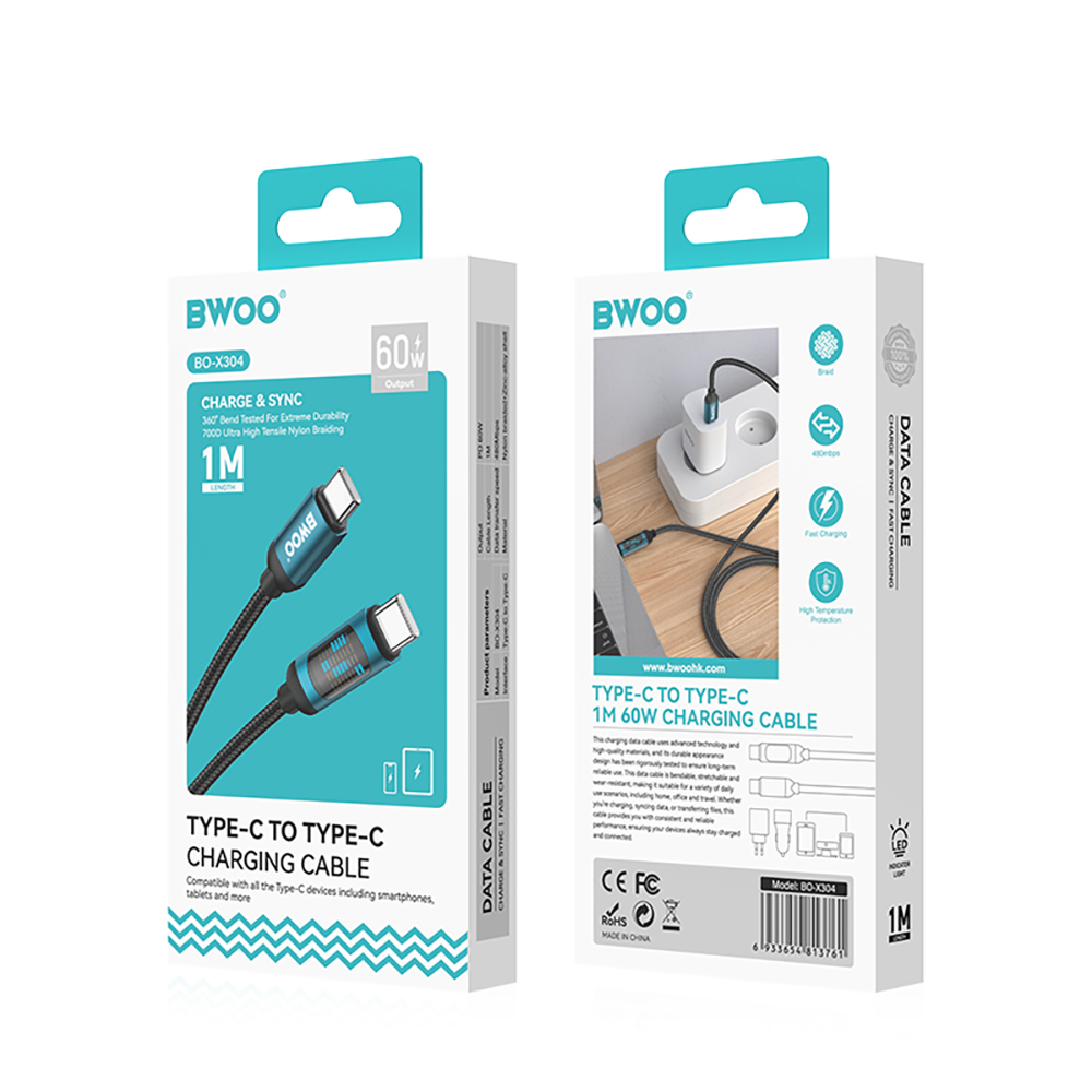 USB-C Data- og ladekabel - USB-C BWOO BO-X304 Led, 60W, 1m, Svart
