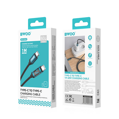 USB-C Data- og ladekabel - USB-C BWOO BO-X304 Led, 60W, 1m, Svart