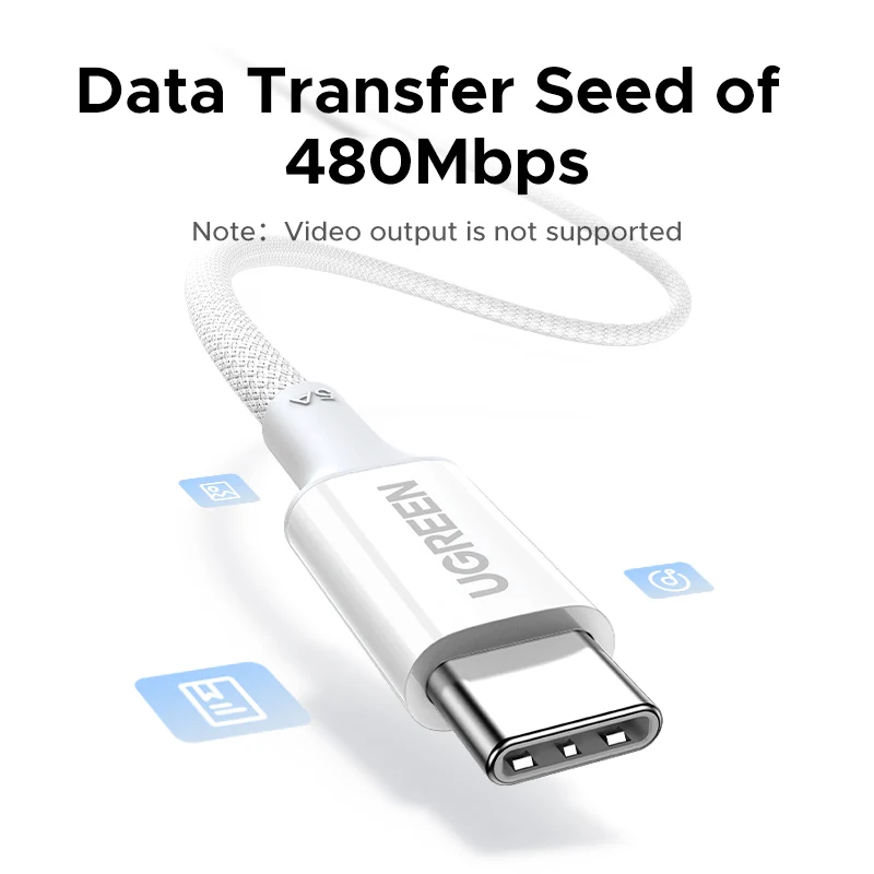 USB-C Data- og ladekabel - USB-C UGREEN L502 (35221), 100W, 2m, Hvit