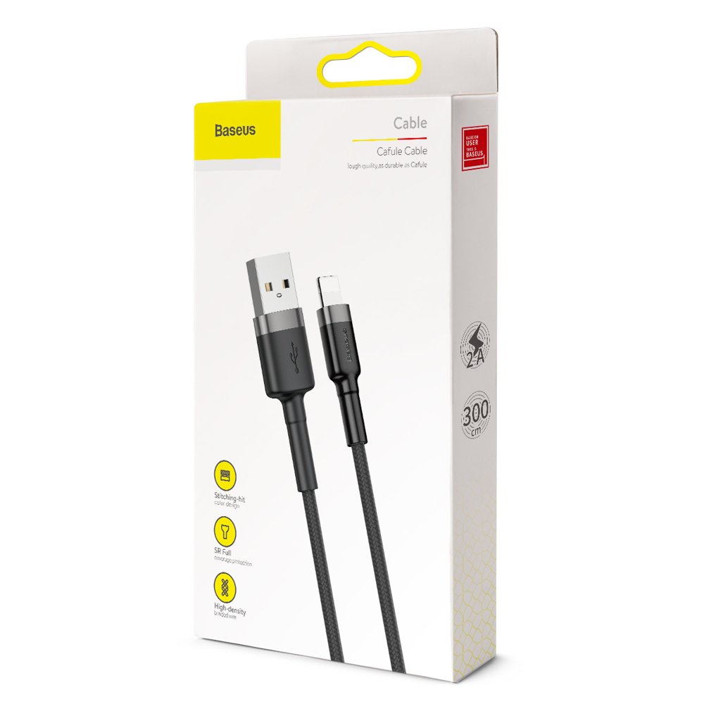 USB-A - Lightning Baseus Cafule data- og ladekabel, 18W, 3m, Grå CALKLF-RG1