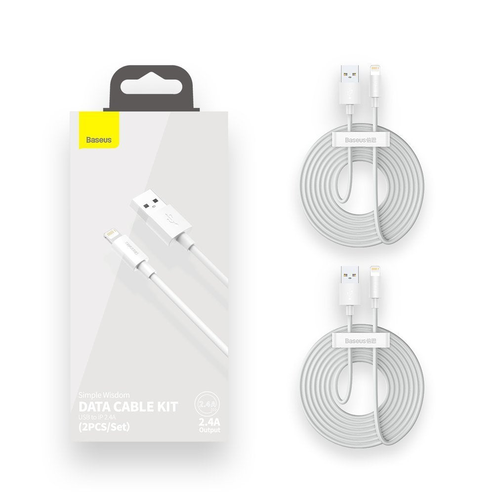 Data- og ladekabel USB-A - Lightning Baseus Simple Wisdom, 18W, 1,5 m, sett med 2 stk, hvit TZCALZJ-02