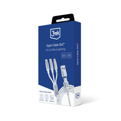 Ladekabel USB-A / USB-C - Lightning / microUSB / USB-C 3MK Hyper 3in1, 12W, 1.5m, Hvit