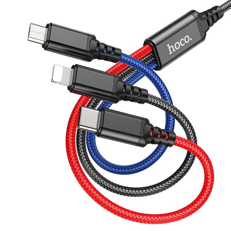 USB-A ladekabel - Lightning / microUSB / USB-C HOCO X76 3i1, 18W, 1m, Flerfarget