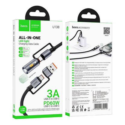 USB-C / USB-A data- og ladekabel - USB-C / LED HOCO U138, 60W, 1.2m, Svart