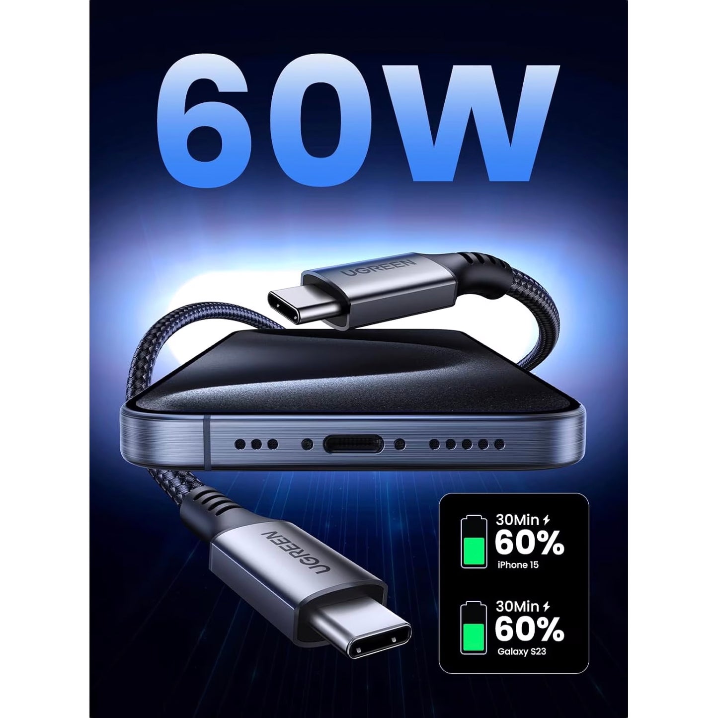 USB-C data- og ladekabel - USB-C UGREEN US567, 60 W, 1 m, grå 