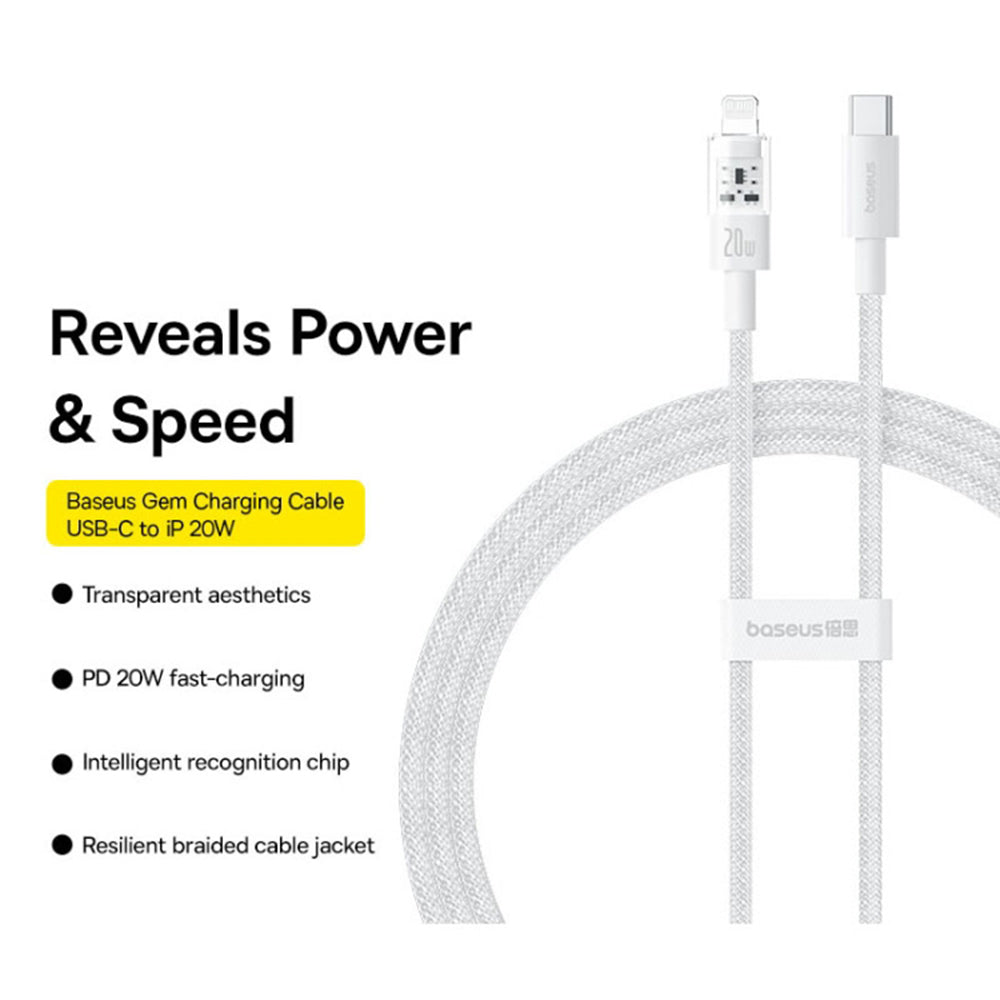 Data- og ladekabel USB-C - Lightning Baseus Gem, 20W, 1m, Hvit P10373001211-00