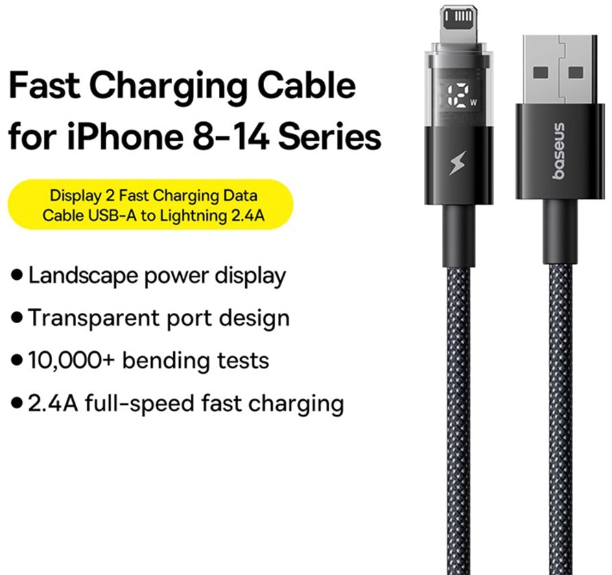USB-A - Lightning Baseus Display 2 data- og ladekabel, 18W, 2m, Svart P10382700121-01
