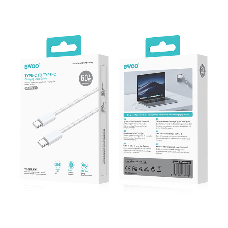 USB-C til USB-C data- og ladekabel BWOO BO-X284, 60W, 2m, Hvit