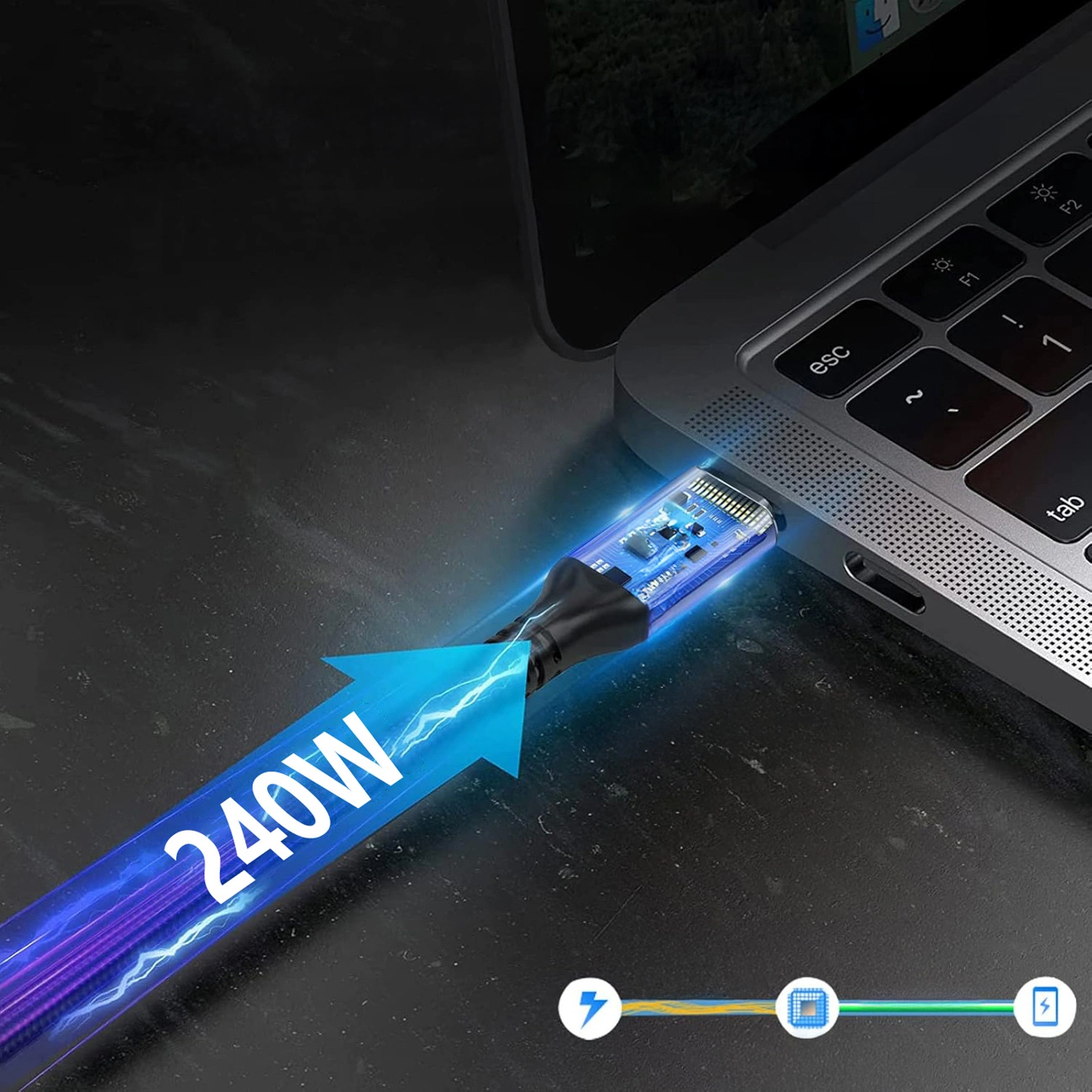 USB-C til USB-C data- og ladekabel WZK WPS-UY42S, 240W, 2m, Svart